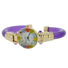 The beauty of Venice is just a glimpse away with our Murano Glass Bangle Watch. Combining the best of Venetian present and past, this unique timepiece showcases Murano's famous ancient craftsmanship in tune with today's fashion and contemporary Italian style. The high quality Italian workmanship is evident in every detail. The face of the watch is handcrafted using Millefiori glass-making technique (Millefiori means "a thousand flowers" in Italian). Tiny mosaic glass pieces with catchy designs a Luxury Multicolor Murano Glass Jewelry, Multicolor Analog Watches For Gift, Multicolor Analog Watches As Gift, Gift Multicolor Analog Watches, Multicolor Round Watches For Gift, Multicolor Round Watches As Gifts, Elegant Multicolor Round Dial Watches, Elegant Multicolor Watches For Gifts, Elegant Multicolor Watches As Gifts