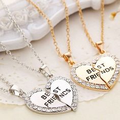 Product Description NEW Silvertone Best Friends Heart Rhinestone Necklaces Fashion Jewelry 2 Necklaces in Set Necklace Silver Gold color plated Heart Shape necklace Pendent with "Best Friends" Set of two (2) half-heart Best Friends pendant accented Pendant size 3 * 2.6cm, chain length 50cm 1 * Silver good friend necklace best friends Feedback 1. In order to provide you the best service please treat the transaction fairly. Feedback is our life, before you leave a neutral or negative feedback, please DO contact us to get a better solution, Because we don't want to get a NEUTRUAL feedback or NEGATIVE feedback . 2. If you are satisfied with our products and service, please help to leave "Positive Feedback" and "5 Perfect Stars”,for us when you receive your items and we will do the same for you Best Friend Letters, Couple Style, Heart Shaped Pendant Necklace, Bff Necklaces, Crystal Heart Pendant, Bling Necklace, Best Friend Necklaces, Friendship Jewelry, Heart Shaped Necklace