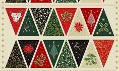 an assortment of christmas pennants with poinsettis, holly leaves and snowflakes on them