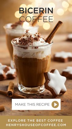 two glasses filled with hot chocolate and topped with whipped cream, cinnamon sticks and star shaped cookies