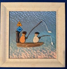 a painting of two people fishing on a boat in the water with a blue background