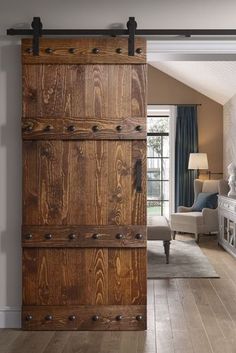 an open wooden door in a living room