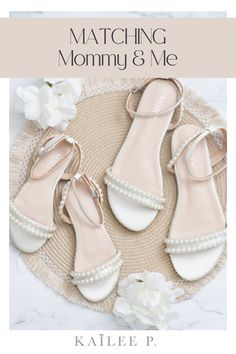 Mommy & Mini matching Flats Summer Bridal Shower Low Heel Sandals, Pearl White Wedding Shoes For Bridal Shower, Summer Open Toe Pearl Wedding Shoes, Summer Wedding Pearl Open Toe Shoes, Elegant Pearl White Wedding Shoes For Summer, Elegant Summer Wedding Shoes In Pearl White, Bridal Shower Pearl Embellished Ankle Strap Sandals, Flat Summer Wedding Shoes For Bridesmaids, Pearl White Ankle Strap Wedding Shoes