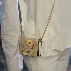 100% Authentic Or Money Back Guarantee !!! Coach Ch714 Mini Wallet On A Chain In Signature Canvas With Floral Cluster Print Gold/Light Khaki Multi Signature Coated Canvas And Smooth Leather Two Credit Card Slots Snap Closure, Fabric Lining Outside Open Pocket Detachable Chain Strap With 23 1/4" Drop For Shoulder Or Crossbody Wear 4" (L) X 3" (H) X 1" (W) Style No. Ch714 Mini Coach Bag, Coach Mini Bag, Dream Bags, Wallet Insert, Aesthetic Things, Kate Spade Wallet, Signature Canvas, Gold Light, Mini Wallet