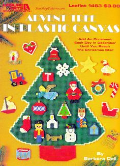 an advertisement for the christmas tree in plastic canvass, with pictures of toys on it