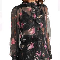 New With Tags, Preen By Thornton Bregazzi Floral 100% Silk Chiffon Elva Blouse. Beautiful Button Up Top. Black Sheer With Pink Flowers Embroidered Chambray Shirt, Feminine Tops, Silk Chiffon Blouse, Thornton Bregazzi, Preen By Thornton Bregazzi, Feminine Top, Plaid Blouse, Button Up Top, Chambray Shirt