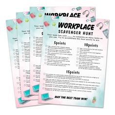 three work place scavenger hunt cards on a white background with clippings