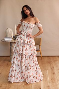 full front view of model wearing angelina dress in natural dainty floral. Off The Shoulder Floral Dress, White Dress With Red Roses, Cottagecore Formal Dress, V Chapman, Simple Gowns, Fantasy Wardrobe, Full Length Gowns, Kawaii Fashion Outfits, Special Occasion Outfits