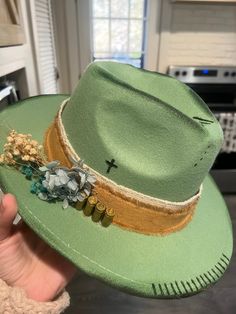 Custom handmade distressed felt Panama hat in teal. Perfect for concerts and country venues. Adjustable Green Hat Band For Fall, Green Brimmed Felt Hat For Fall, Green Flat Brim Felt Hat For Fall, Green Bohemian Hat Bands For Spring, Green Felt Hat With Short Brim For Fall, Green Curved Brim Felt Hat For Fall, Green Short Brim Felt Hat For Fall, Distressed Country Style Hat For Country Events, Distressed Country Style Hat For Events