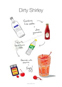 the ingredients for a drink are shown in this illustration, including cherries and vodka