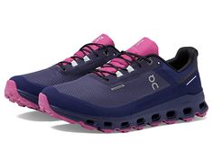 On Cloudvista Waterproof - Women's Shoes : Flint/Acai : Lightweight, agile and cushioned, the Cloudvista Waterproof is the key to unlocking outdoor adventures, in any weather. And with CloudTec, Helion super foam and Missiongrip, it's ready for hard-packed trails, forest 5ks, lakeside loops and park pathways. Take the road less traveled. Better yet, leave it behind completely. The lightweight, waterproof trail running shoe for all-weather offroading. Lightweight recycled polyester mesh with TPU overlays. Comfort-focused, Cloudultra-inspired polypropylene Speedboard with low abrasive textile on underside. Missiongrip, Helion superfoam, connected CloudTec. Upper: Recycled Polyester and TPU. Textile lining. Removable, textile insole. CloudTec speedboard promotes the natural rolling motion of Pink Trail Running Shoes, Functional Pink Walking Shoes For Outdoor Activities, Functional Pink Walking Shoes For Outdoor, Functional Pink Outdoor Walking Shoes, Sporty Waterproof Sneakers For Light Sports, Low-top Shock Resistant Running Shoes For Light Sports, Low-top Running Shoes For Light Sports, Shock Resistant, Nylon Trail Running Shoes With Ventilation For Light Sports, Waterproof Trail Running Shoes For Light Sports