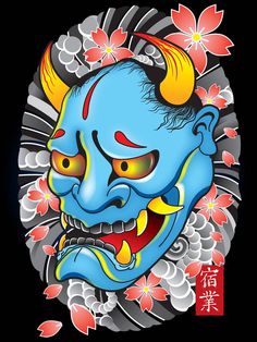 a blue demon with yellow eyes and red flowers on it's head is in front of a black background