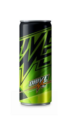 an energy drink can with green and black graphics on the side, in front of a white background