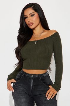 Available In Black, Ivory, And Olive. Sweater Long Sleeve Off Shoulder Cropped Ribbed 50% Rayon 30% Polyester 20% Nylon Imported | Madisyn Off Shoulder Sweater in Olive Green size 1X by Fashion Nova Seamless Crop Top For Fall, Seamless Tops For Fall, Casual Seamless Winter Top, Trendy Seamless Tops For Winter, Winter Seamless Tops, Trendy Seamless Winter Tops, Glam Closet, Olive Fashion, Olive Sweater