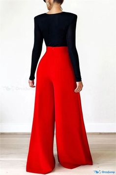 OrcaJump - Womens Black Straight Leg Solid Color Casual Patchwork High Waist Pants Red Pants For Workwear, Casual Cargo Pants With Pockets For Party, Red Solid Long Pants, Red Solid Color Long Pants, Casual Full Length Dress Pants For Party, Solid Full Length Work Pants For Fall, Red Wide Leg Bottoms, Red Wide Leg Bottoms Solid Color, Fall Solid Color Full Length Work Pants