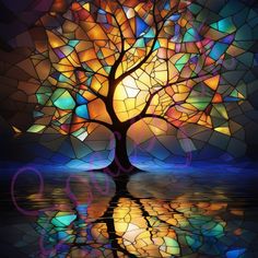 a stained glass tree sitting on top of a body of water