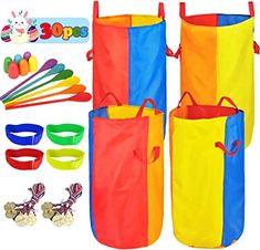 three colorful storage bags filled with toys