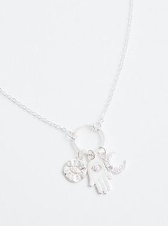 This necklace features a silver tone finish with celestial charms. Base metal. Imported. Circumference: Layer 1: 19”, Layer 2: 5”. The best plus size women's silver tone hamsa & celestial delicate necklace necklaces in silver. Silver Symbolic Necklaces With Dangling Charms, Silver Necklaces With Dangling Charms, Symbolic Sterling Silver Dangle Charm Necklaces, Silver Dangle Charm Necklace With Moon Charm, Bohemian Sterling Silver Charm Necklace With Lobster Clasp, Silver Bohemian Charm Necklaces With Dangling Charms, Adjustable Sterling Silver Charm Necklace With Moon Charm, Silver Spiritual Charm Necklace, Silver Sterling Necklaces With Dangling Charms