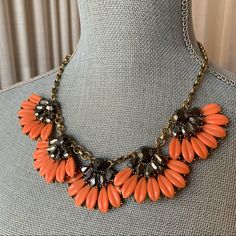 J Crew Statement Necklace Coral Colored Fan Details With Hematite-Colored Crystals. Gold Tone Chain. Approximately 18”-20” - Adjustable Closure Nwt J Crew Jewelry, Gold Orange, Orange Gold, Coral Color, Color Crystal, Womens Jewelry Necklace, J Crew, Statement Necklace, Gold Tones