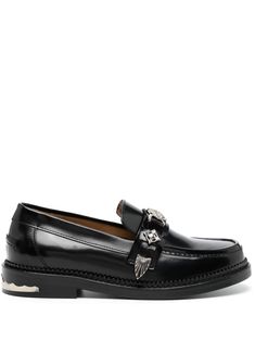 black calf leather silver-tone hardware slip-on style round toe branded insole flat sole Toga Pulla, Synthetic Rubber, Leather Silver, Leather Loafers, Loafer Shoes, Flat Shoes Women, Calf Leather, Fashion Branding, Loafers