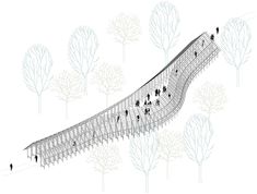 an architectural rendering of a walkway with people walking on it and trees in the background