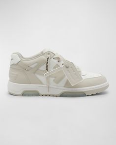 Off-White "Out of Office" runner sneakers in two-tone calf leather and polyester. Flat heel. Perforated round toe. Lace-up vamp. Signature arrow appliqué at sides. Signature leather tag at sides. Rubber sole. Made in Italy. Off White Women Sneakers, Out Of Office Off White Sneakers Outfit, Out Of Office Off White Sneakers, Off White Out Of Office Sneaker, Off White Sneakers Outfit, Off White Shoes Outfit, Lifestyle Shoes Women, Luxury Sneakers Women, Luxury Shoes Sneakers