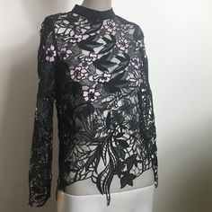 Vine Lace Undershirt Not Included Black Feminine Blouse With Lace Top, Black Lace Top Feminine Blouse, Elegant Pink Lace Top, Feminine Crew Neck Party Tops, Feminine Black Tops For Fall, Chic Pink Crew Neck Blouse, Spring Black Lace Top, Spring Evening Crew Neck Blouse, Black Lace Top For Spring