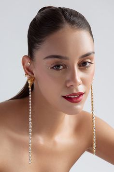 22k gold plated, 925 silver base ear cuffs handcrafted with carved work horse detailed top and white Swarovski stone embellished long tassel. - Aza Fashions Fine Jewelry Clip-on Earrings For Party, Luxury Wedding Ear Cuff For Pierced Ears, Party Hand Set Yellow Gold Earrings, Party Yellow Gold Hand Set Earrings, Gold Sterling Silver Ear Cuff For Party, Yellow Gold Single Ear Cuff For Party, Party Yellow Gold Single Ear Cuff, Nail Polish Removers, Work Horses