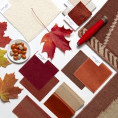 an assortment of colors and materials used to create fall rugs