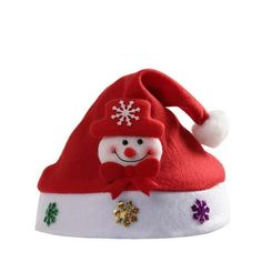 a red and white christmas hat with a snowman on the front, one eye closed