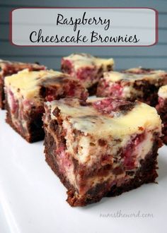 raspberry cheesecake brownies on a white plate with the words raspberry cheesecake brownies