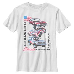 Show your love for American-made cars this Fourth of July with fun, retro-inspired new apparel from General Motors for the whole family! This General Motors Chevrolet American Classic Car Boys' Graphic T-Shirt features a distressed red, blue, and white colorway design of a Chevrolet Chevelle SS, Corvette, and Blaze with the text: "Chevrolet Classic Car Show," across the front. Pair these cool new General Motors oversized sweatshirts with your favorite lived-in denim and get ready to hit the road Car T Shirt Design, Vintage Car Shirt, Trending Graphic Tees, Chevrolet Chevelle Ss, Car T Shirt, Classic Car Show, Car Shirts, American Classic Cars, Chevelle Ss