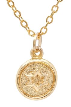 - 14K yellow gold star pendant necklace . Spring ring clasp. Approx. 18" length. Approx. 0.3" L x 0.3" W pendant. Made in USA  14K yellow gold Yellow Gold Star Of David Charms Jewelry, Elegant Gold Star Of David Charm Necklace, Yellow Gold Star Charm Pendant Necklace, Symbolic Gold Jewelry With Star Charm, Yellow Gold Star Charm Necklace For Anniversary, Yellow Gold Star Jewelry With Adjustable Chain, Star-shaped Yellow Gold Jewelry With Adjustable Chain, Yellow Gold Star Charm Necklace With Adjustable Chain, Gold Jewelry With Star Charm