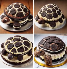 there are four pictures of cakes made to look like turtles and turtle - shaped cookies