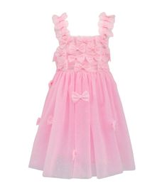 Description: Adorable and elegant tank dress featuring delightful 3D pink bows that add texture and charm, perfect for special occasions. Made from soft, glittery tulle fabric, this dress offers a magical, twirl-worthy design that your little one will love. The ruffled shoulder straps and bodice are adorned with 3D bow appliques, adding a whimsical touch to this already stunning dress. A must-have for any special wardrobe, bringing sparkle and sweetness to your little one's day. Material & Care: Pink Ruffled Tutu Dress For Spring, Spring Fairy Dress With Ruffles For Dress-up, Sleeveless Tulle Tutu Dress With Bow, Playful Pink Fairy Dress For Summer, Playful Ruffled Tutu Dress In Tulle, Whimsical Pink Tutu Dress For Summer, Playful Ruffled Tutu Dress, Playful Ruffled Tulle Tutu Dress, Pink Sleeveless Fairy Dress For Dress-up