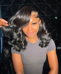 Silk Press Curls Side Part, Baddie Hairstyles With Weave, Sow Ins Weave Curly, Cute Prom Hairstyles Black Women, Straight With Curls, Leave Out Sew In Weave Short, Hairstyle Sew In, Short Lace Front Wigs Hairstyles