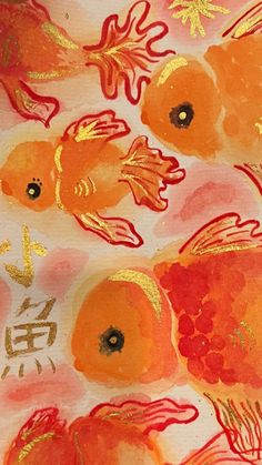 an orange and red painting with gold fish on it's side, in the middle of watercolors