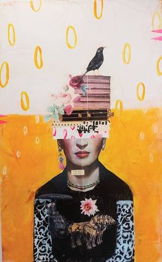 an image of a woman with books on her head and a bird sitting on top of it