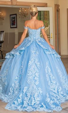 Light blue a-line quinceanera ball gown with sweetheart neckline and off the shoulder straps. Off-shoulder Quinceanera Dress With Fitted Bodice For Prom Season, Fitted Bodice Off-shoulder Quinceanera Dress For Prom, Blue Princess Ball Gown For Quinceanera, Princess Quinceanera Dress With Sweetheart Neckline, Princess Style Blue Quinceanera Ball Gown, Blue Quinceanera Gown With Sweetheart Neckline, Blue Princess Quinceanera Dress For Debutante Ball, Sweet 16 Blue Gown With Sweetheart Neckline, Blue Gown With Sweetheart Neckline For Sweet 16