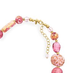 Ross-Simons - Italian Pink, Gold Murano Glass Bead Necklace Over Sterling. 18". From Italy, this eclectic necklace celebrates the fascinating beauty of handmade Murano glass. Featuring 4-22mm multi-shaped Murano glass beads in an artful array of pink and gold designs that are truly individual yet perfectly complementary to one another. Features 18kt yellow gold over sterling silver spacer beads and a lobster clasp with a 2" extender. Graduates from 1/4" to 7/8" wide. Murano glass is unique and w Adjustable Murano Glass Necklace With Round Beads, Adjustable Murano Glass Necklaces With Round Beads, Adjustable Murano Glass Round Beads Necklace, Adjustable Murano Glass Necklace, Adjustable Round Murano Glass Necklace, Single Strand Murano Glass Necklaces With Round Beads, Artisan Single Strand Glass Necklace, Pink Glass Jewelry With Faceted Beads, Single Strand Czech Glass Necklace With Round Beads