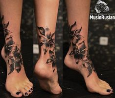 two pictures of the same person's feet with flowers on them and one is showing