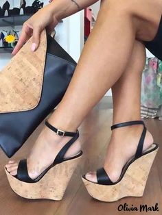 Olivia Mark - Stylish Womens Black Platform Wedge Sandals with Open Toe, Buckle Detail, and Ankle Strap Hak Tinggi, White Wedge Sandals, Platform Wedges Shoes, Black Platform Heels, Ankle Strap Wedges, Super High Heels, Woman Shoes, Black Wedge Sandals, Platform Sandals Heels