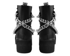 Black 7-Eye Chain & Strap Dino Lug Boot Tuk Boots, Shoes Chain, Tuk Shoes, Creeper Boots, Goth Boots, Lug Boots, Gothic Boots, Attitude Clothing, Vegan Boots