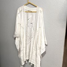 White Lace Cover Up That Can Be Used For Swimsuit Cover Or With Jeans And A Tank Top. Excellent Condition, Never Worn. White Beachy Cover-up For Loungewear, White Beachwear Cover-up, White Free Size Cover-up For Festivals, White Free Size Festival Cover-up, White Free Size Summer Cover-up, White Casual Festival Cover-up, Casual White Kimono For Festival, White Open Front Kimono For Festival, White Open Front Bohemian Kaftan