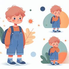 a little boy wearing overalls and holding a leaf in his hand, with different expressions