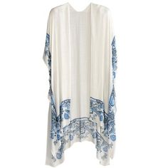 Create a chic summer look with Shiraleah’s Carly duster style open front coverup. This cover up comes in white with a blue floral border print.  It the perfect addition to your summer outfit.  Pair it with jeans and a tank top, over a dress or on the poolside over your swimsuit.  Made from viscose material this is a light and cool piece to wear on those hot summer days. This piece has a romantic, feminine feel that will elevate any outfit to stylishly chic.  It will sure to become a favorite of Chic White Kimono For Beach Cover-up, White Wrap Cover-up For Spring, White One Size Open Front Cover-up, Summer Open Front Daywear Cover-up, White Boho Print Kimono For Beach Cover-up, White Kimono For Spring Beach Cover-up, Bohemian Daywear Cover-up With Open Front, White Spring Festival Kimono, Bohemian Open Front Daywear Cover-up