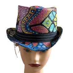 Peter Grimm Women's Hand Painted Short Brim Fedora Straw Hat Wearable Art, Folk Art Braid And Hard Shaped (Non-Crushable). Acrylic Paints Used In Artwork Will Not Bleed If Wet. Pet And Smoke Free Home I'm God Floppy Wool Hat, Brown Fedora, Painted Shorts, African Hats, Black Hats, Suede Hat, Straw Fedora Hat, Straw Cowboy Hat, Rancher Hat