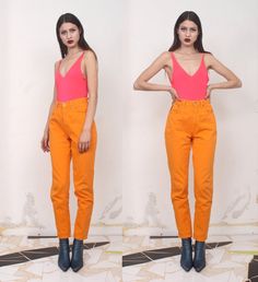 "vintage 90s bright orange high waist jeans> five pockets label> h&j \\ holiday&jeans material> cotton size> 46\\32 waist> 74cm\\ 29'' hips> 102cm\\ 40'' length> 103cm\\ 40'' inseam> 28cm\\ 11\" condition> great vintage condition> minimal wear | model is 174 cm [5'8\"] and measures 80-56-90 cm [31\"-22\"-35\"] |" Trendy Orange Straight Leg Bottoms, Orange Straight Leg Jeans For Spring, Casual Orange Summer Jeans, Trendy High Rise Orange Bottoms, Orange Straight Leg Summer Bottoms, Trendy Orange Straight Leg Pants, Orange Straight Leg Bottoms For Summer, Trendy Orange Straight-leg Pants, Orange Cotton Straight Leg Jeans