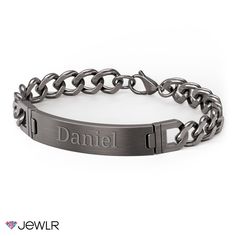 Identify yourself, remember a loved one, or display a special date with this classic engravable ID bracelet. Handcrafted in brushed gunmetal stainless steel, this 8.75" men's bracelet features a curb-link chain secured with a lobster clasp for just the right fit. Mens Engagement, Metal Engraving, Id Bracelets, Men's Bracelet, Personalized Accessories, Luxury Gifts, Metal Bracelets, Gift Collections, Gifts For Men