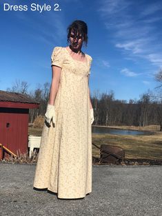 "Handmade Custom Regency Dress Inspired by 19th Century Author, Jane Austen.  Pattern sizes: Bust / Waist / Hip 10- 32.5\" / 25\" / 34.5\" 12- 34\" / 26.5\" / 36\" 14- 36\" / 28\" / 38\" 16- 38\" / 30\" / 40\" For a custom fitting, send the measurements for: Bust, Under-bust, from under-bust to floor, and bicep.  *Note: Pattern sizes do not equate US or UK dress sizes. Custom sleeves: Sleeves can be pleated or gathered. Gathered (as is on the green and white dress) or pleated (as is on the yello Fitted Victorian Historical Dress, Beige Fitted Victorian Dress, Fitted Historical Vintage Dress, Fitted Victorian Dress With Empire Waist And Historical Design, Fitted Full Length Regency Style Dresses, Regency Style Full-length Fitted Dress, Regency Style Fitted Full-length Dress, Fitted Victorian Cotton Dresses, Regency Style Fitted Empire Waist Dress